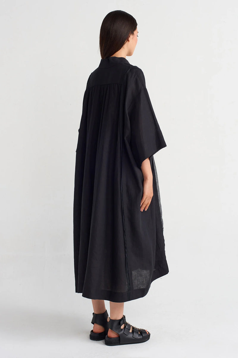 Nu V-Neck Midi Linen Dress Black