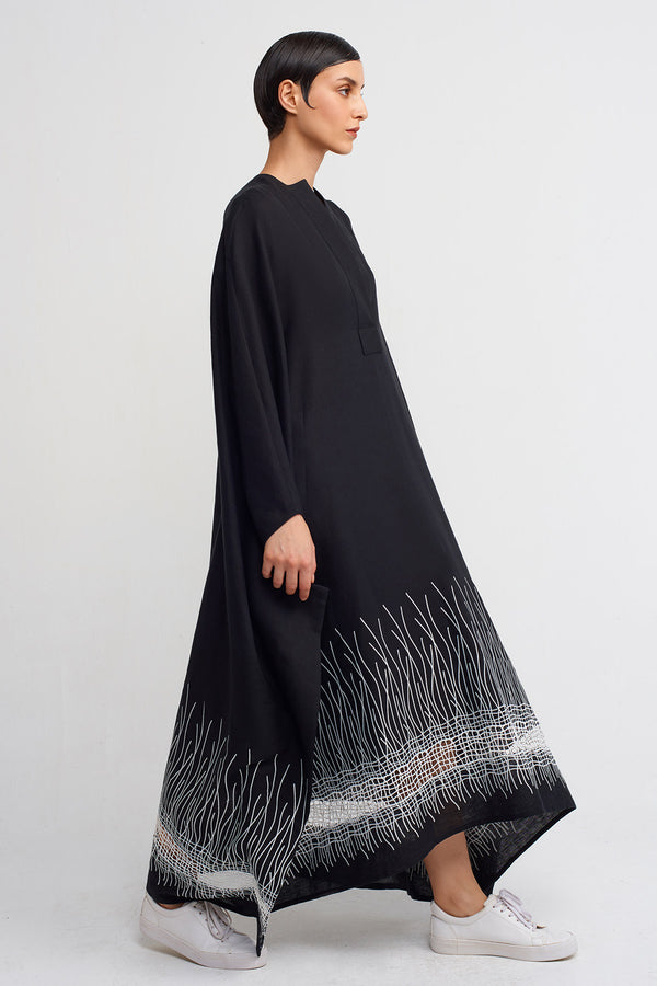 Nu Embroidered Hem Long Kaftan Dress Black/Offwhite