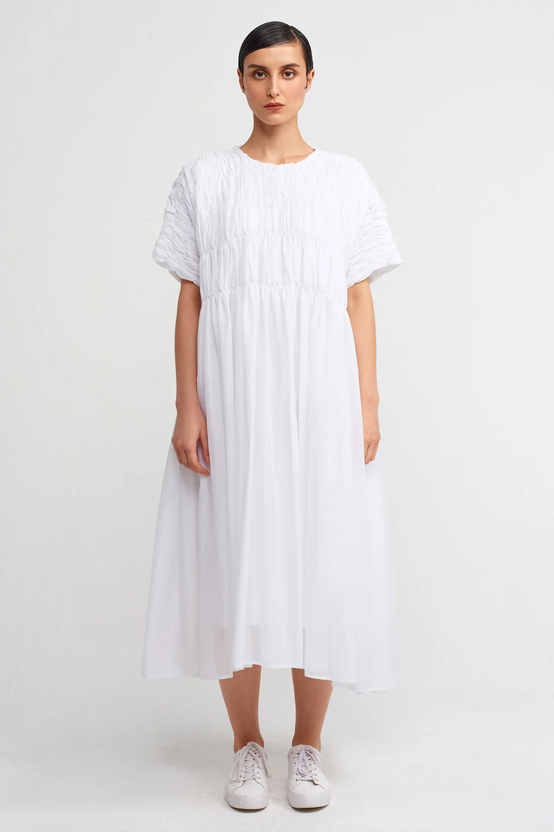 Nu Rubber Embroidery Midi Length Loose Dress Off White