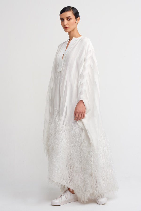 Nu Feathered Hem Long Kaftan Dress Off White