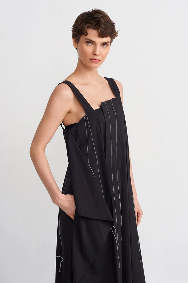 Nu Thick-Strapped Contrast Stitch Asymmetric Dress Black