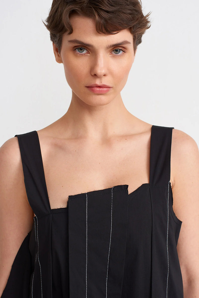 Nu Thick-Strapped Contrast Stitch Asymmetric Dress Black