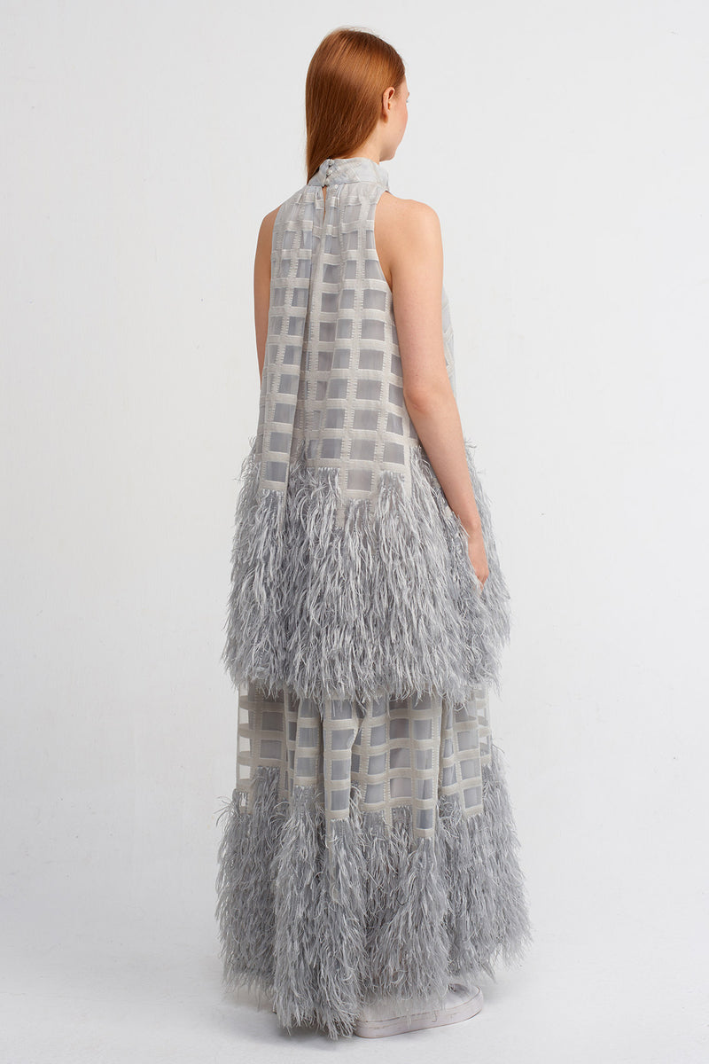 Nu Feathered Hem, Maxi Length Elegant Dress Ice