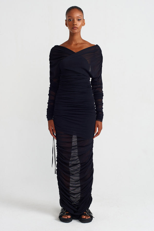 Nu Wrap Collar Long Tulle Dress Black