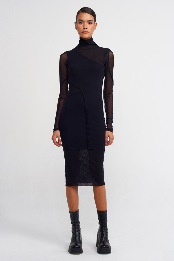Nu Double-Layered High-Neck Midi Tulle Dress Black