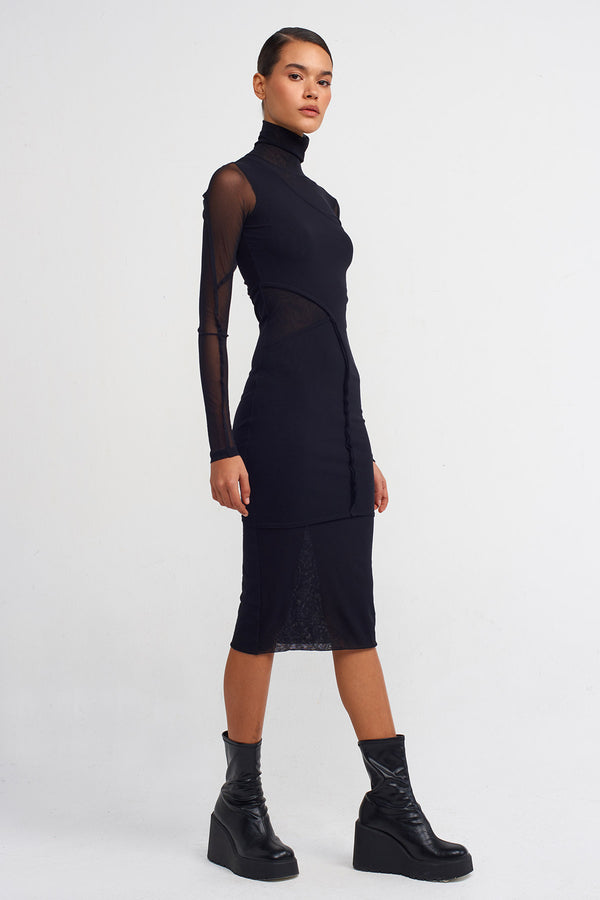 Nu Double-Layered High-Neck Midi Tulle Dress Black