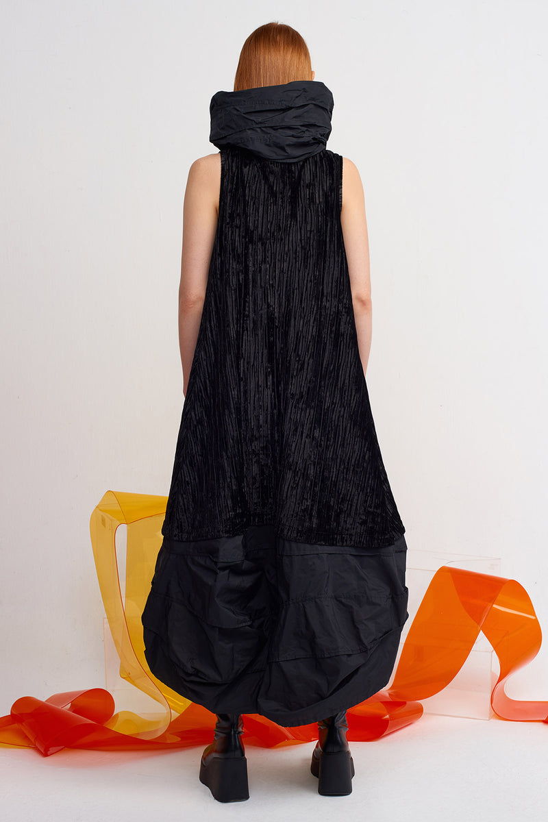 Nu Velvet Pleated Long Dress With Taffeta Detail Black