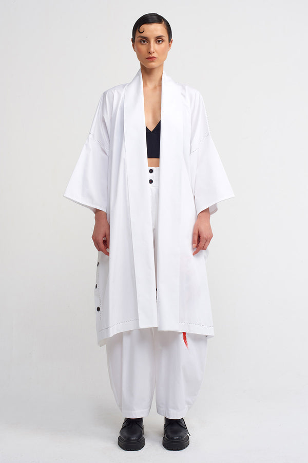 Nu Print And Embroidery Detailed Kimono Off White/Black