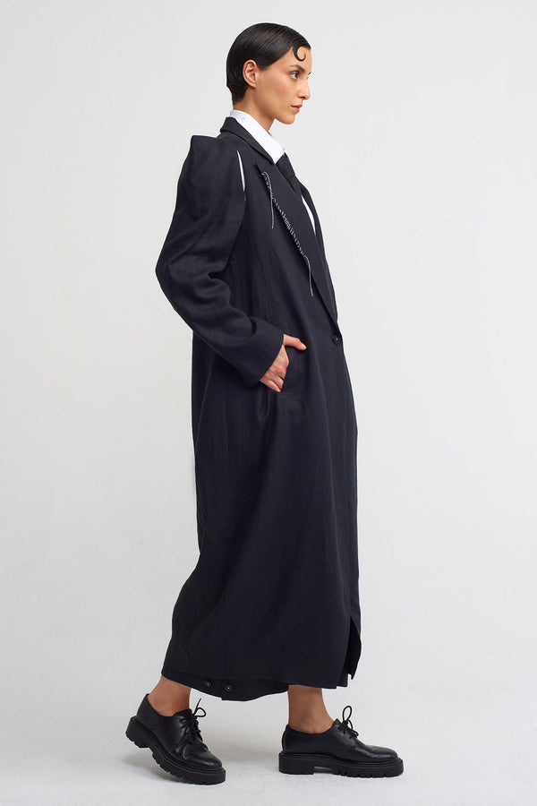Nu Square-Shouldered, Stitch-Detailed Long Linen Jacket Black