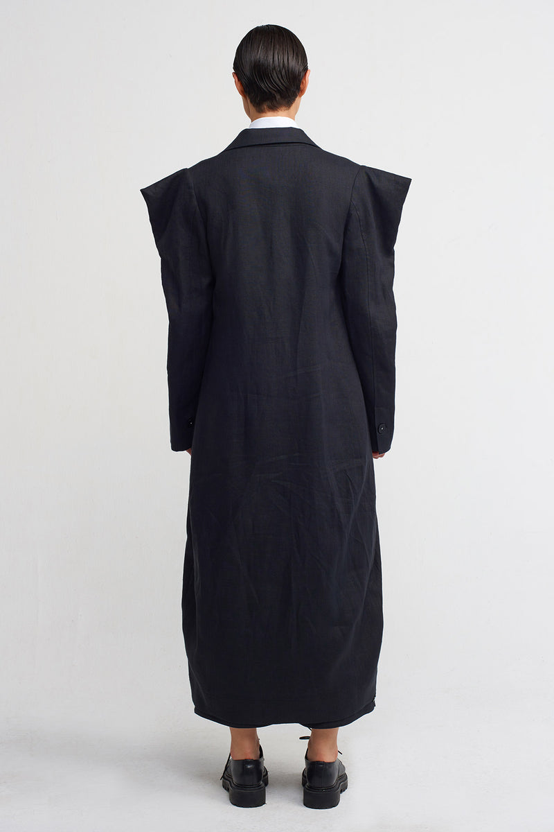 Nu Square-Shouldered, Stitch-Detailed Long Linen Jacket Black