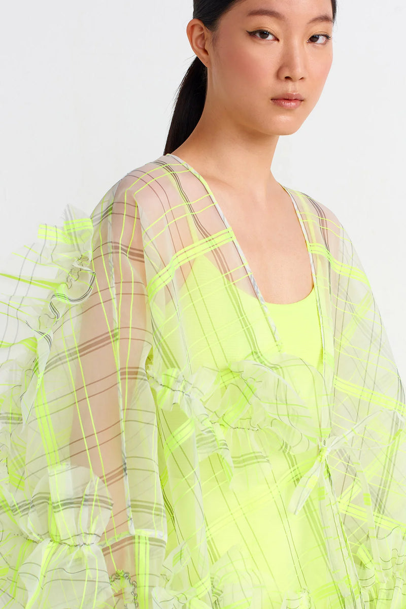 Nu Plaid Printed Organza Fluffy Kimono Green