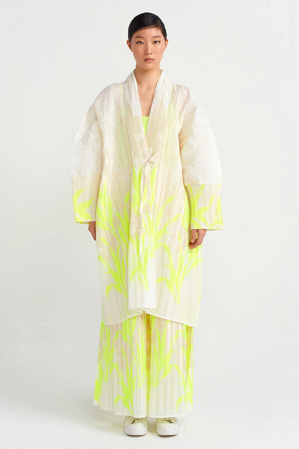 Nu Jacquard Patterned Pleated Kimono Green