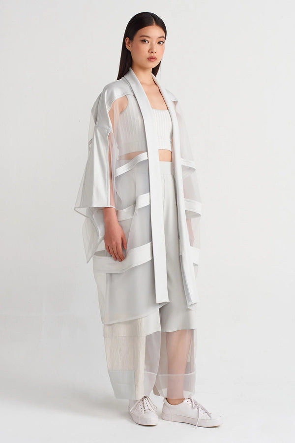 Nu Organza Striped Long Kimono Ice