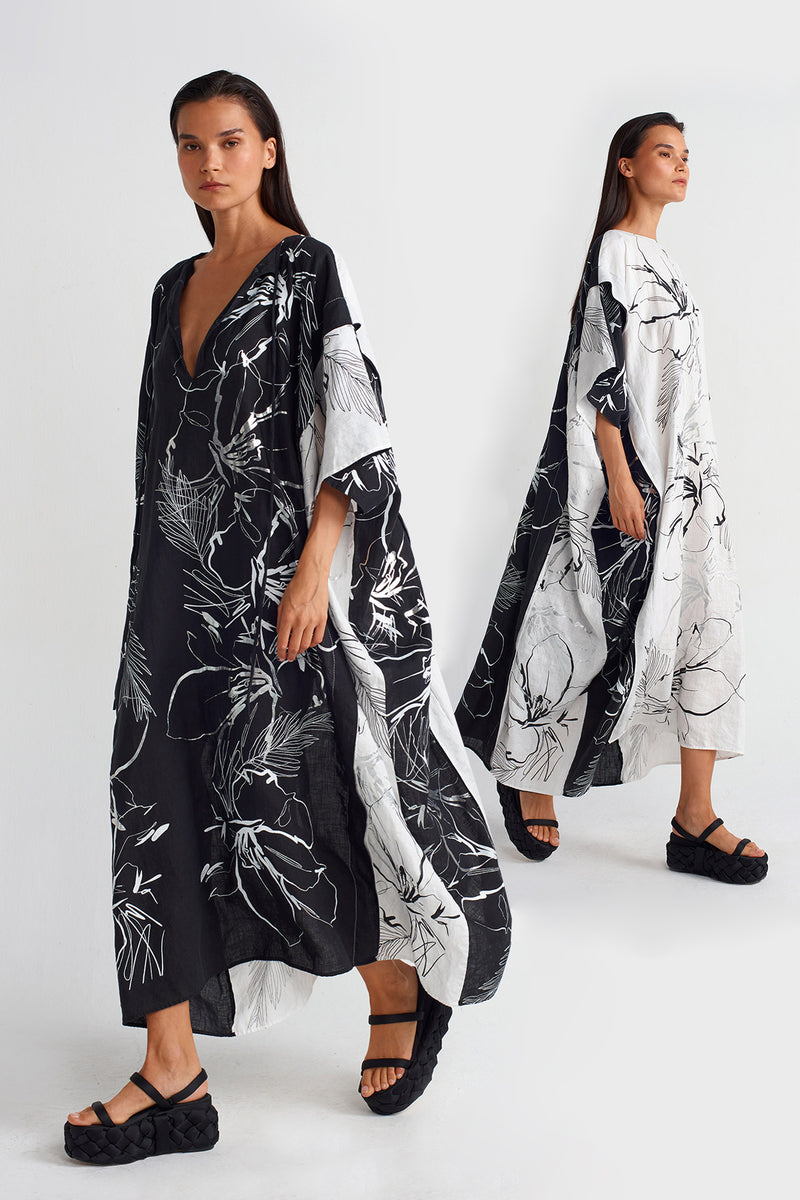 Nu Printed Linen Kaftan Dress Off White/Black