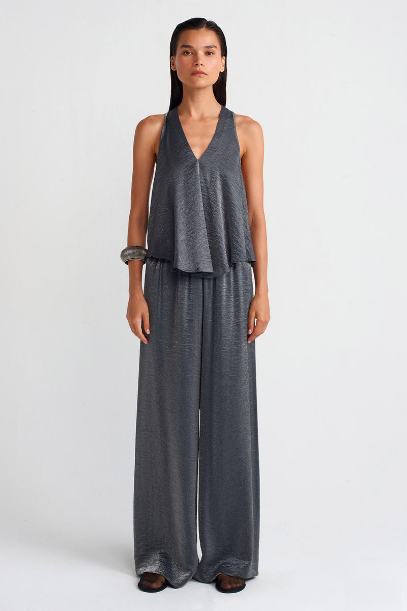 NU V-Neck Shiny Fabric, Stylish Blouse Grey