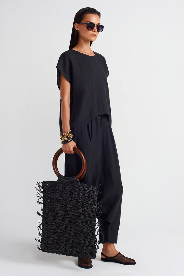 NU Long Back Linen Blouse Black