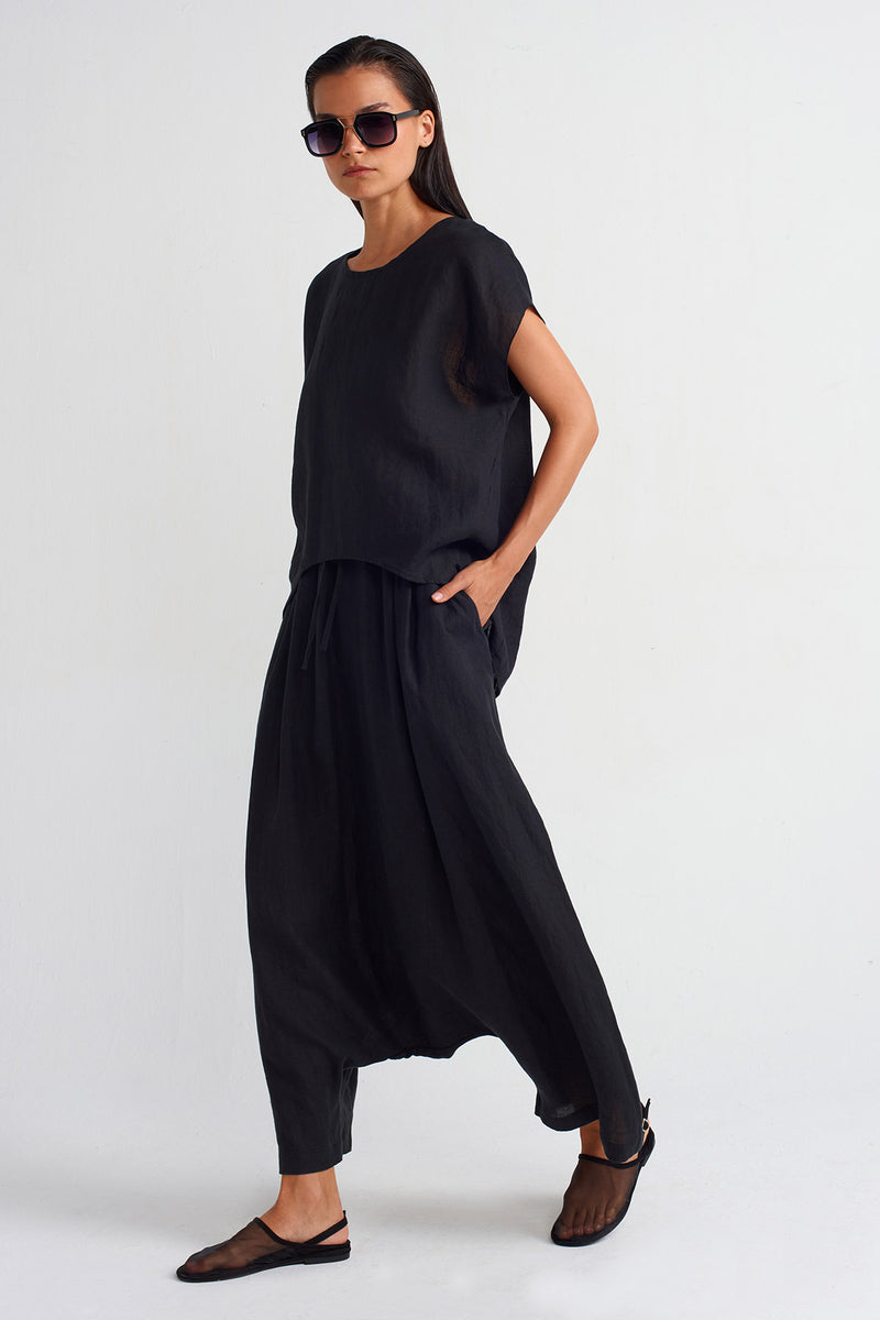 NU Long Back Linen Blouse Black