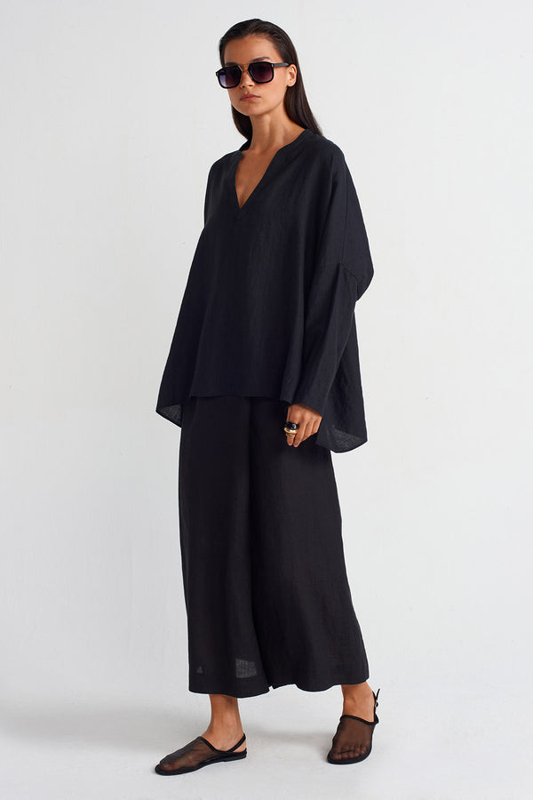NU V Neck Long Sleeve Linen Blouse Black