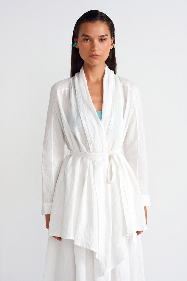 Nu Shawl Collar Belted Linen Blouse Off White