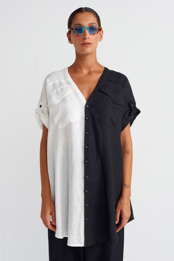 NU Color Block Linen Blouse Black/Offwhite