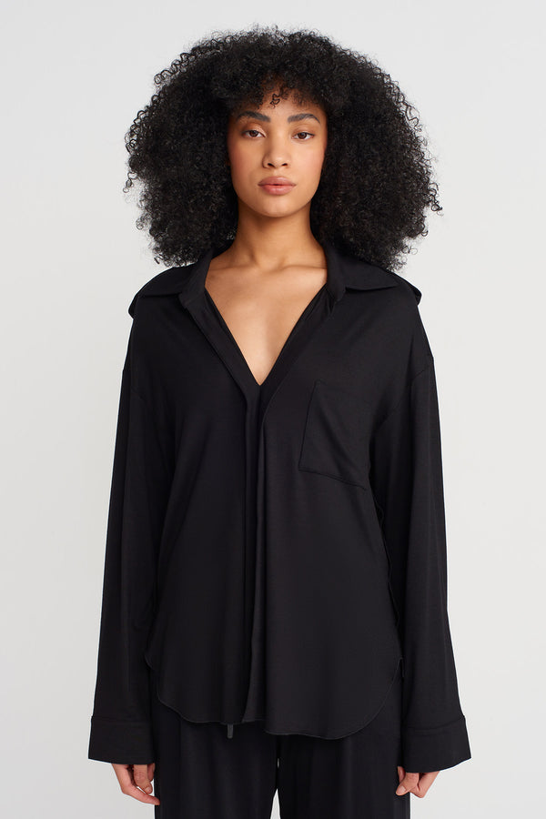 Nu V Shirt Collar Blouse Black