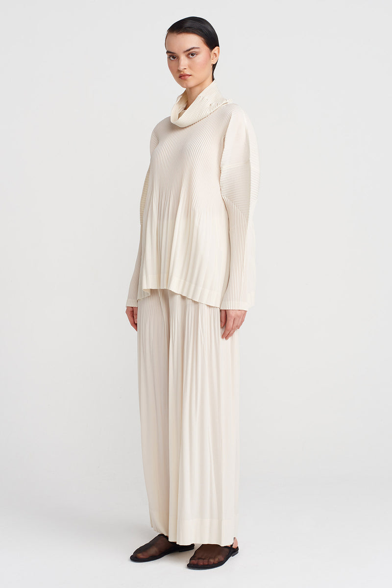 Nu Long-Sleeve Pleated Blouse Ecru