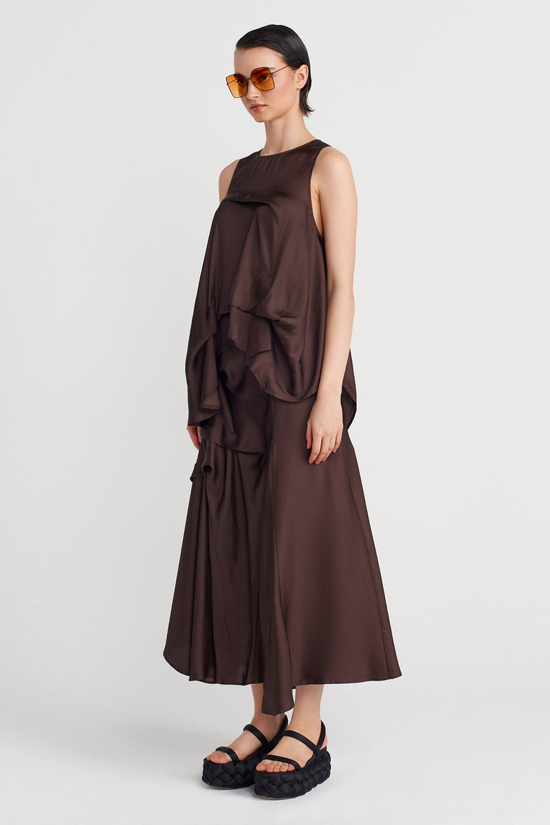 Nu Satin Blouse With Pleated Details Chocolate Brown