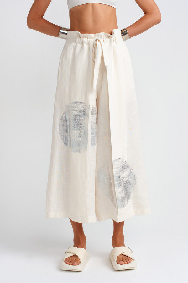 NU Silver Printed Linen Trousers Ecru