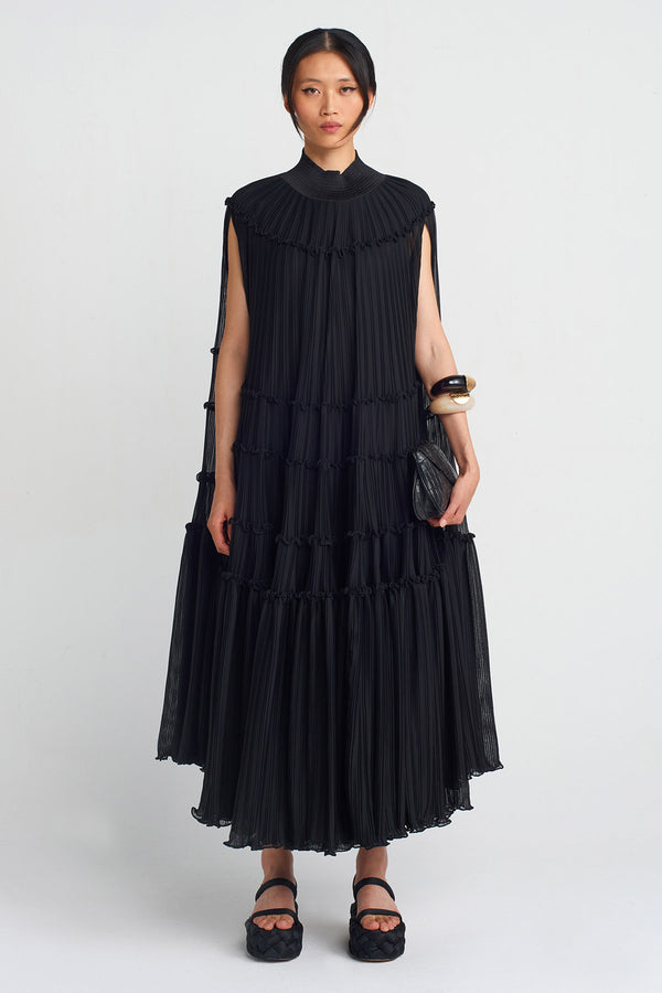 Nu Chiffon Pleated Long Dress Black