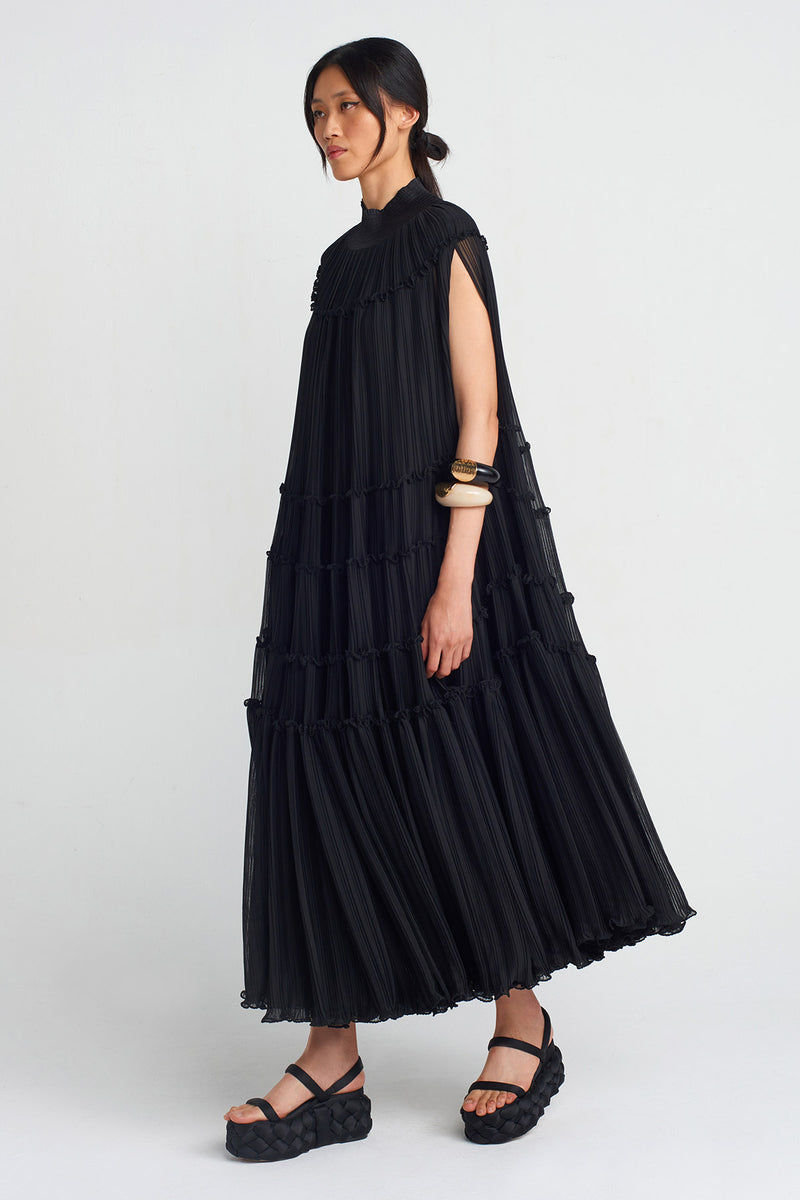 Nu Chiffon Pleated Long Dress Black