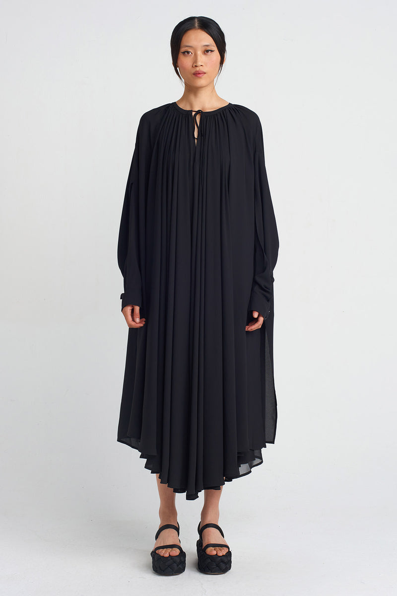 Nu Chiffon Long-Sleeve Midi Dress Black