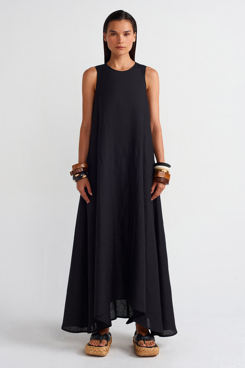 NU Pocketed Long Linen Dress Black