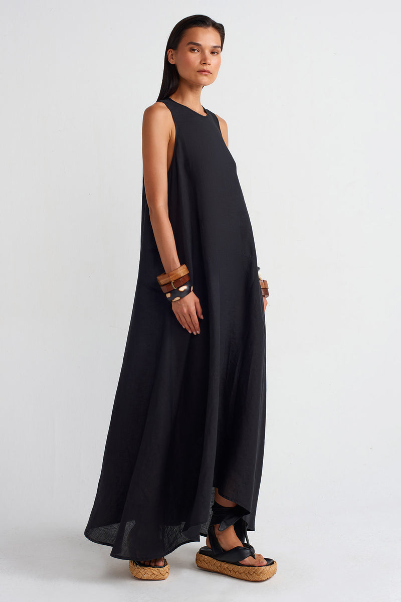 NU Pocketed Long Linen Dress Black