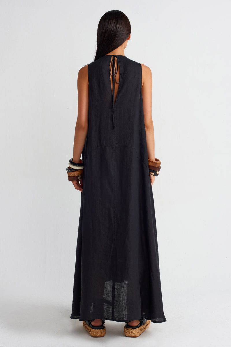NU Pocketed Long Linen Dress Black