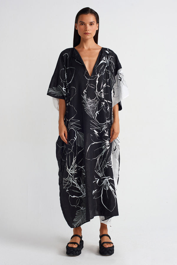 Nu Printed Linen Kaftan Dress Off White/Black