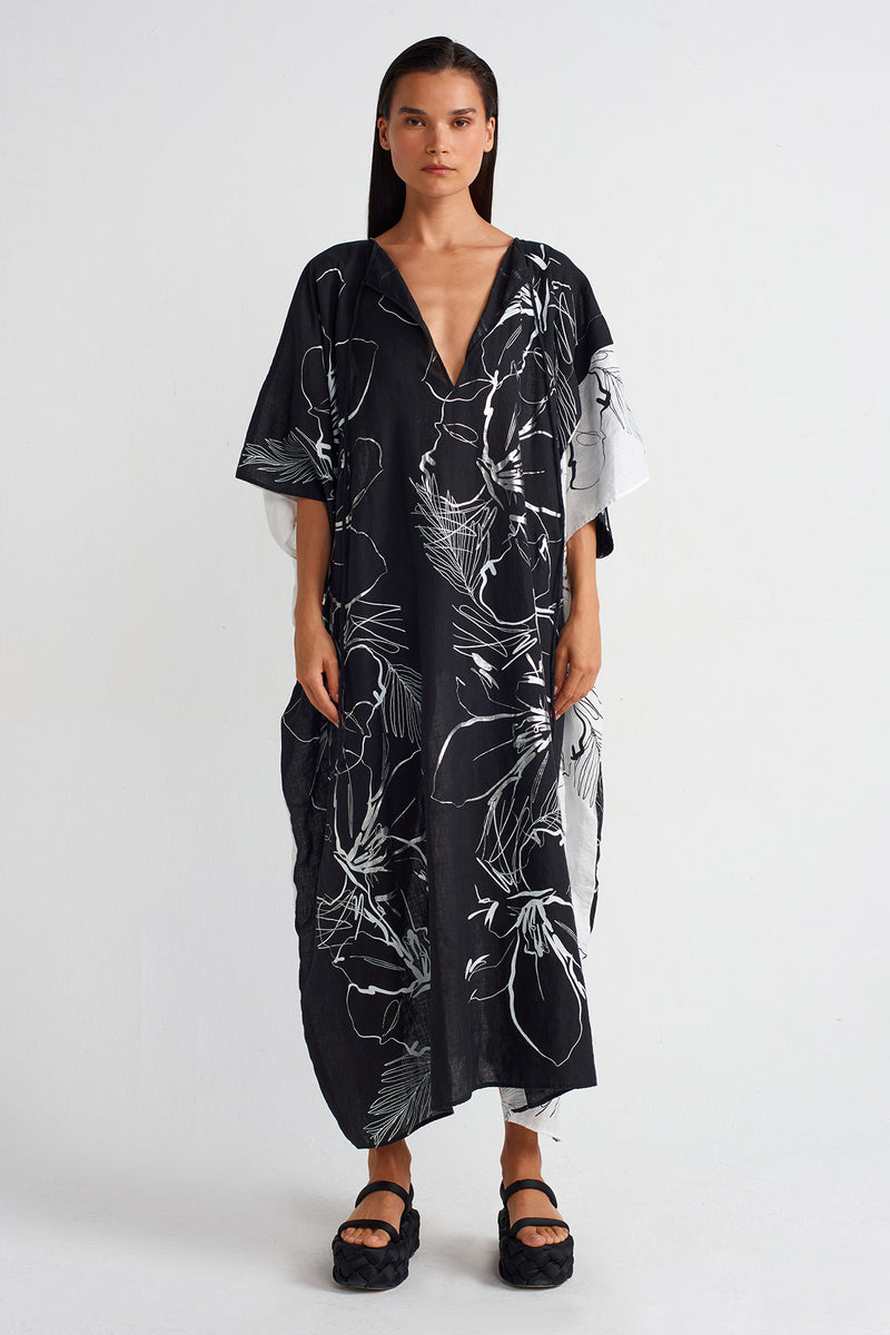 Nu Printed Linen Kaftan Dress Off White/Black