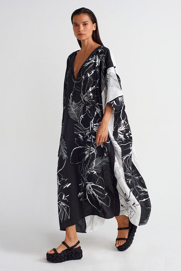 Nu Printed Linen Kaftan Dress Off White/Black