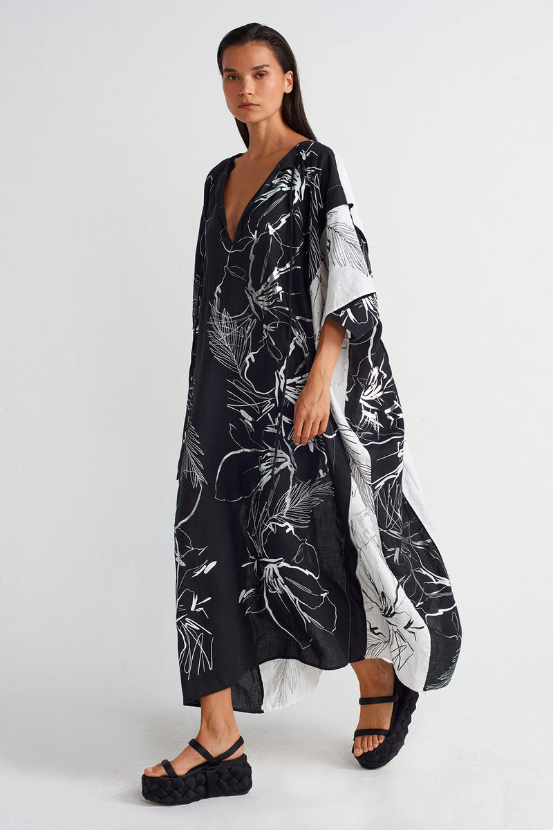 Nu Printed Linen Kaftan Dress Off White/Black