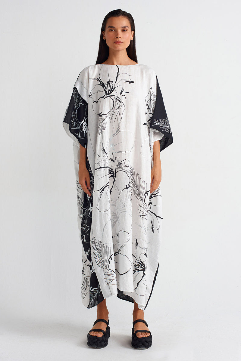 Nu Printed Linen Kaftan Dress Off White/Black