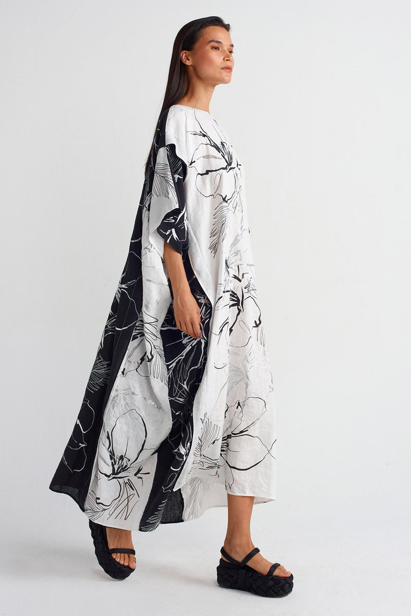 Nu Printed Linen Kaftan Dress Off White/Black