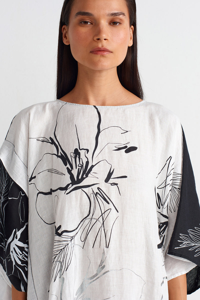 Nu Printed Linen Kaftan Dress Off White/Black