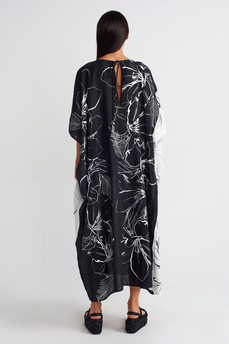 Nu Printed Linen Kaftan Dress Off White/Black