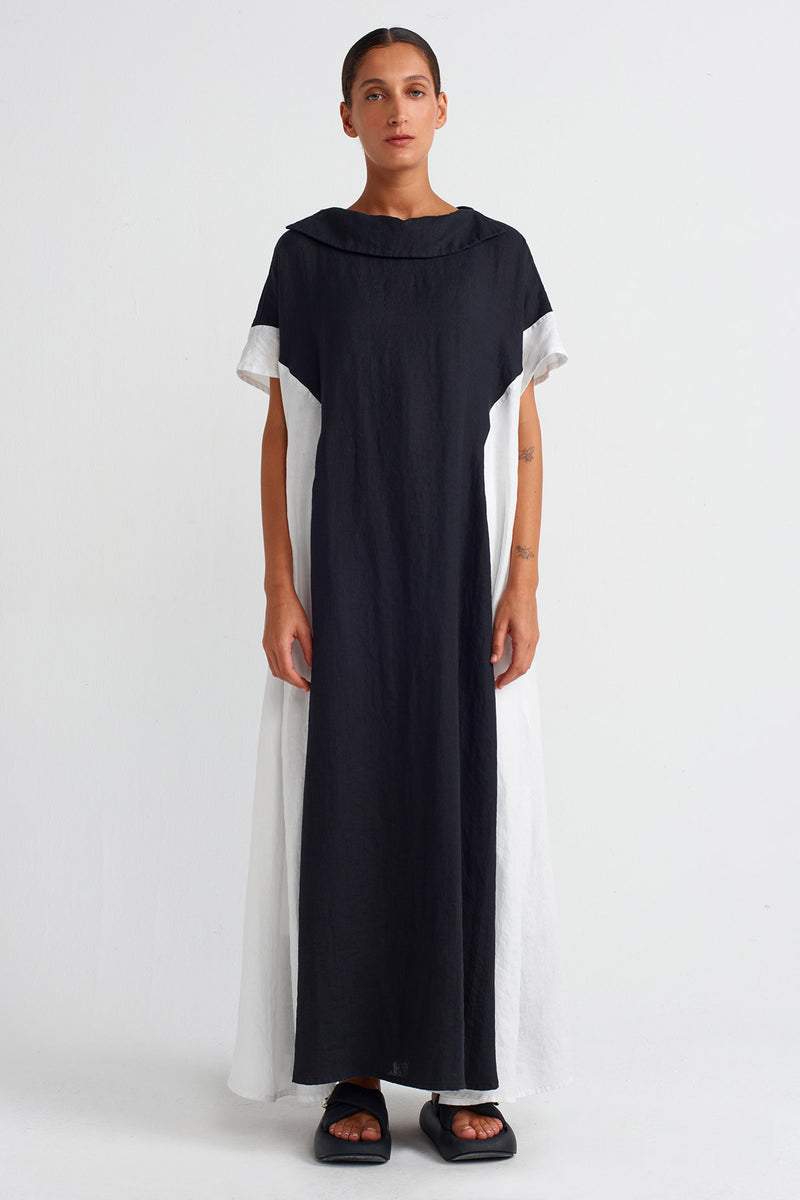 NU Color Block Linen Dress Black/Offwhite