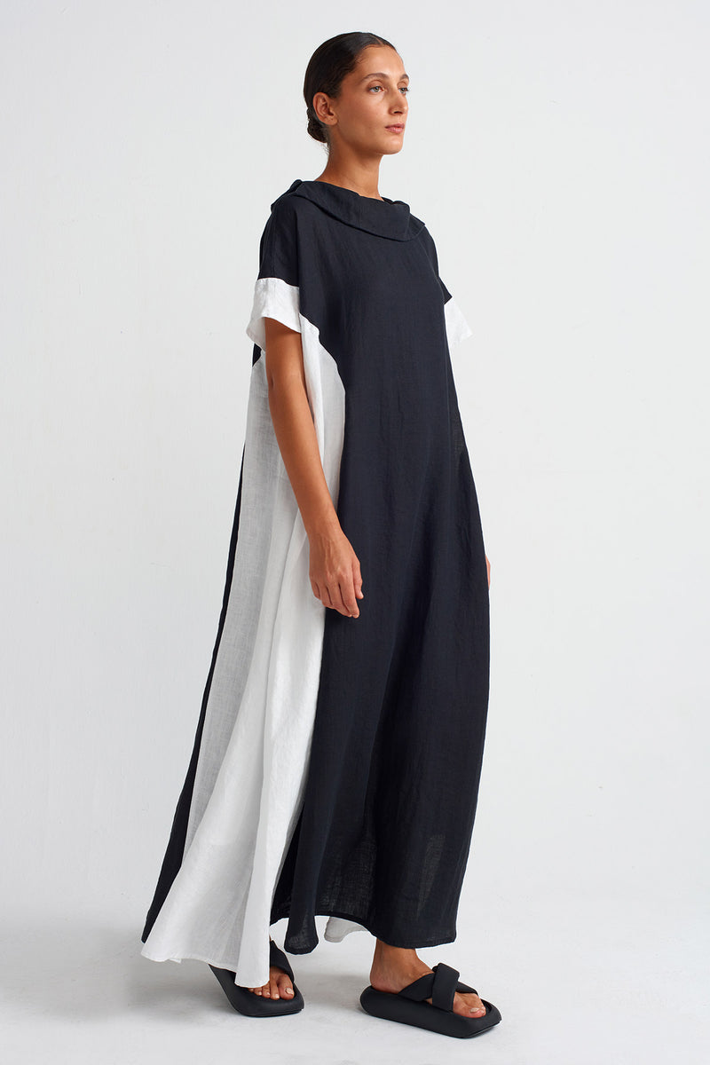 NU Color Block Linen Dress Black/Offwhite