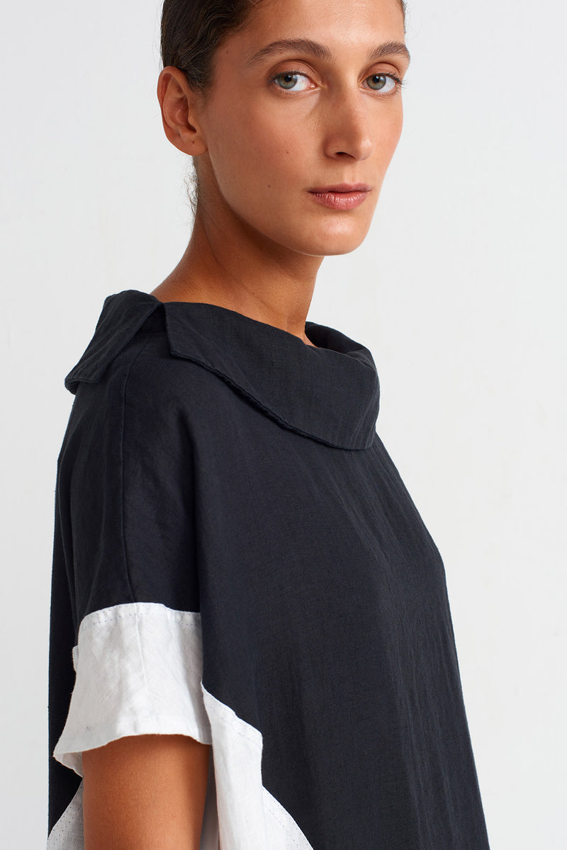 NU Color Block Linen Dress Black/Offwhite