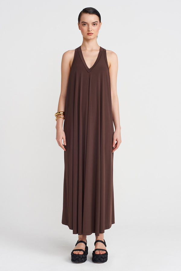 Nu V-Neck Long Jersey Dress Chocolate Brown