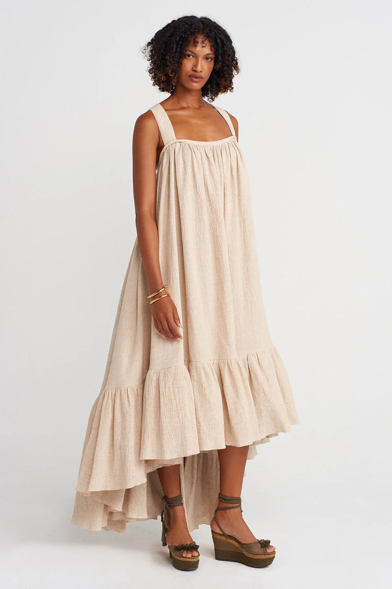 Nu Elegant Crinkle Dress With Cape And Ruffles Natural