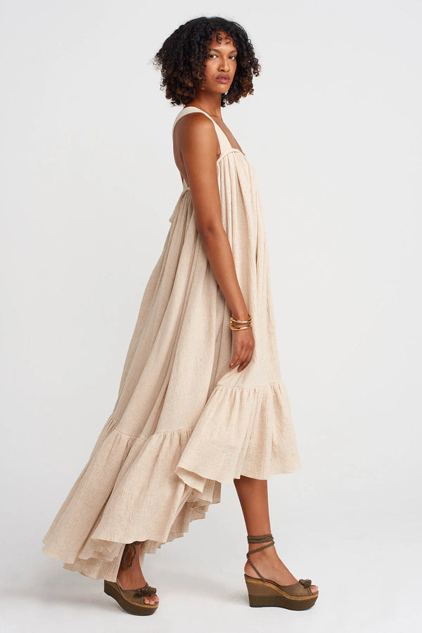 Nu Elegant Crinkle Dress With Cape And Ruffles Natural