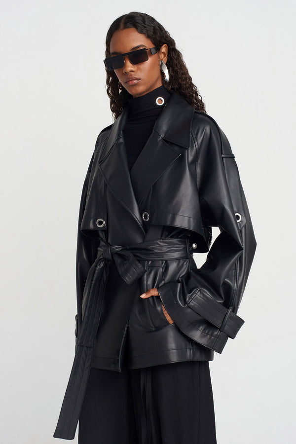 Nu Faux Leather Coat Black