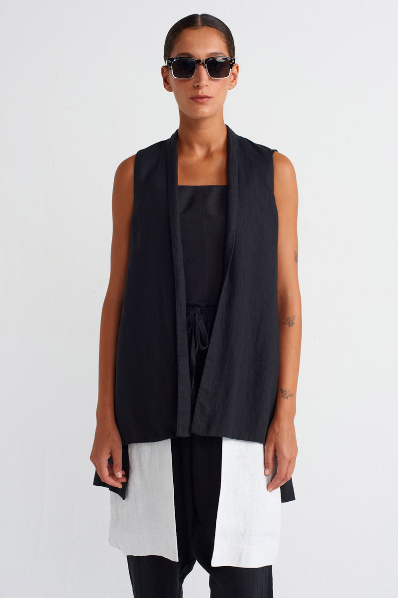 Nu Color Block Linen Vest Black/Offwhite